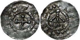 Germany. Swabia. Otto III 983-1002. AR Denar (17mm, 1.04g). Strasbourg mint. +OTTO [__], cross / +ARCE[_NTI]N[A], church. Dbg. 910; Kluge 39; E&L 70 (...
