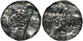 Germany. Swabia. Heinrich II 1002-1024. AR Denar (19mm, 1.11g). Strasbourg mint. [+HEINRICVSR_], crown / ARGE[N]-TIGNA, cross written in between cresc...