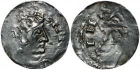 Germany. Swabia. Heinrich II 1002-1024. AR Denar (18mm, 1.17g). Strasbourg mint. HEIN[RICVS], crowned head right / [ARGEN]TINA, church with cross in t...