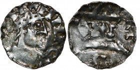 Germany. Swabia. Heinrich II 1002-1024. AR Denar (18mm, 1.43g). Strasbourg mint. Crowned head right / Church with cross in the center. Dbg. 916; Kluge...