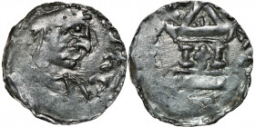 Germany. Swabia. Heinrich II 1002-1024. AR Denar (18mm, 1.24g). Strasbourg mint. Crowned head right / Church with cross in the center. Dbg. 916; Kluge...