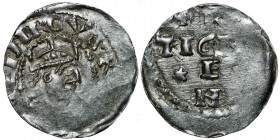Germany. Swabia. Heinrich II 1002-1024. AR Denar (20mm, 1.42g). Strasbourg mint. [H]EINRCVSR[EX], crowned head right / [A]RGEN-TIGN[A], cross written ...