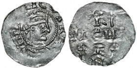 Germany. Swabia. Heinrich II 1002-1024. AR Denar (20mm, 1.49g). Strasbourg mint. HE[INRI]CVSRE]X, crowned head right / [A]RGEN-TIGNA, cross written in...