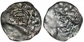 Germany. Swabia. Heinrich III 1039-1056. AR Denar (20mm, 0.94g). Strasbourg mint. Crowned head facing / Bust facing. Dbg. 709 (as Hildesheim); Baron 3...