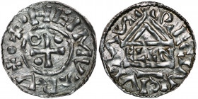 Germany. Duchy of Bavaria. Heinrich II 985-995. AR Denar (21mm, 1.58g). Regensburg mint; moneyer Elln. +·HEIMVSRX·, cross with one pellet in opposing ...