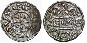 Germany. Duchy of Bavaria. Heinrich II 985-995. AR Obol (16mm, 0.85g). Regensburg mint; moneyer Ecco. ·HENRVSDVX, cross with wedges in each angle / +R...