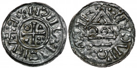 Germany. Duchy of Bavaria. Heinrich IV (II) 1002-1009. AR Denar (20mm, 1.12g). Regensburg mint; moneyer HƆOV. +HCIISNCNVX, cross with three pellets in...