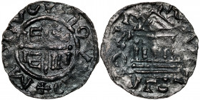 Germany. Bavaria. Konrad II and Heinrich III 1027-1039. AR Denar (20mm, 1.28g). Regensburg mint. +R[AD]ASPONA, temple with five pillars / Cross in ang...