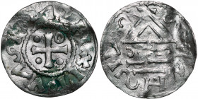 Germany. Duchy of Bavaria. Circa 1000. AR Denar (21mm, 1.42g). Imitation of Regensburg. Cross with one pellet in three angles and one annulet in one a...
