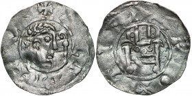 The Netherlands. Tiel. Heinrich IV 1056-1106. AR Denar (19mm, 0.65g). Tiel mint. Head right crosier in front / Building with three annulets under roof...