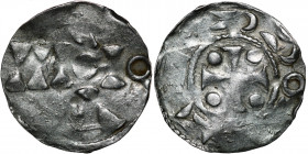The Netherlands. Nijmegen-Tiel. Ca 995-1000. AR Denar (19.5mm, 1.21g). Unknown mint in the Nijmegen-Tiel region. [Ϩ] / IIIOIO / A, imitating Cologne m...