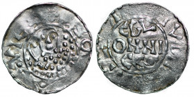 The Netherlands. Groningen. Bishop of Utrecht. Bernold 1040-1054 AR Denar (17mm, 0.87g). Groningen mint. Bust facing, crosier over right shoulder, thr...