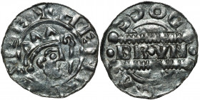 The Netherlands. Friesland. Bruno III 1050-1057. AR Denar (16mm, 0.46g). Dokkum or Groningen mint. HENRI[CV]SRE+, crowned head right, crosier before /...