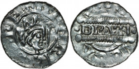 The Netherlands. Friesland. Bruno III 1050-1057. AR Denar (16mm, 0.50g). Dokkum or Groningen mint. HENRIC[VS]RE+, crowned head right, crosier before /...