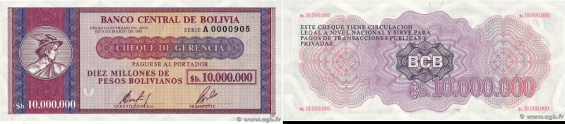 Country : BOLIVIA 
Face Value : 10000000 Pesos Bolivianos Petit numéro 
Date : 1...