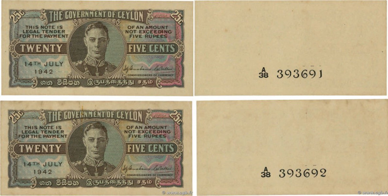 Country : CEYLON 
Face Value : 25 Cents Consécutifs 
Date : 14 juillet 1942 
Per...