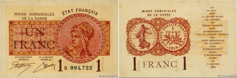 Country : FRANCE 
Face Value : 1 Franc MINES DOMANIALES DE LA SARRE 
Date : 1920...