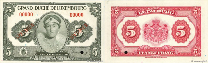 Country : LUXEMBOURG 
Face Value : 5 Francs Spécimen 
Date : (1944) 
Period/Prov...