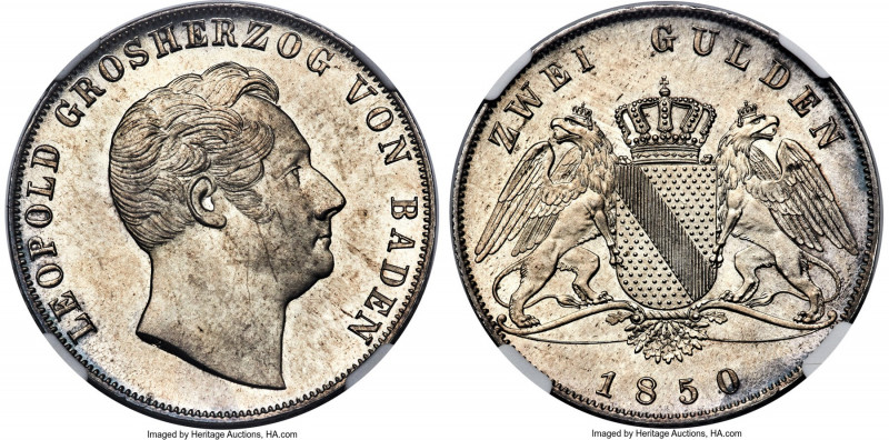 Baden. Leopold I 2 Gulden 1850 MS66 NGC, Karlsruhe mint, KM222, Dav-527, AKS-91,...