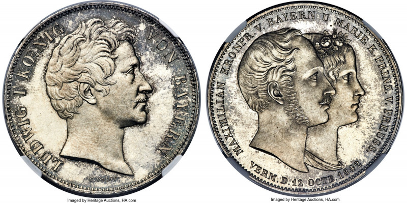 Bavaria. Ludwig I "Royal Wedding" 2 Taler 1842 MS64 Prooflike NGC, Munich mint, ...