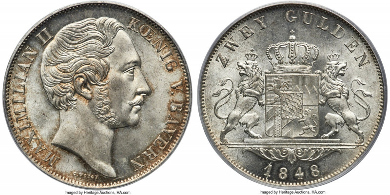Bavaria. Maximilian II 2 Gulden 1848 MS66 PCGS, Munich mint, KM828, Dav-600, AKS...