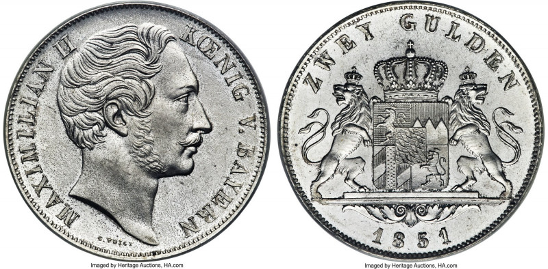 Bavaria. Maximilian II 2 Gulden 1851 MS65 PCGS, Munich mint, KM828, Dav-600, Thu...