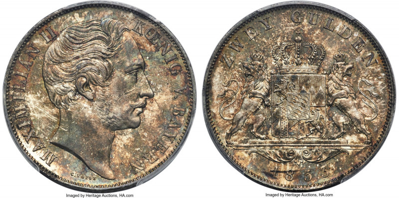 Bavaria. Maximilian II 2 Gulden 1853 MS66 PCGS, Munich mint, KM828, Dav-600, Thu...