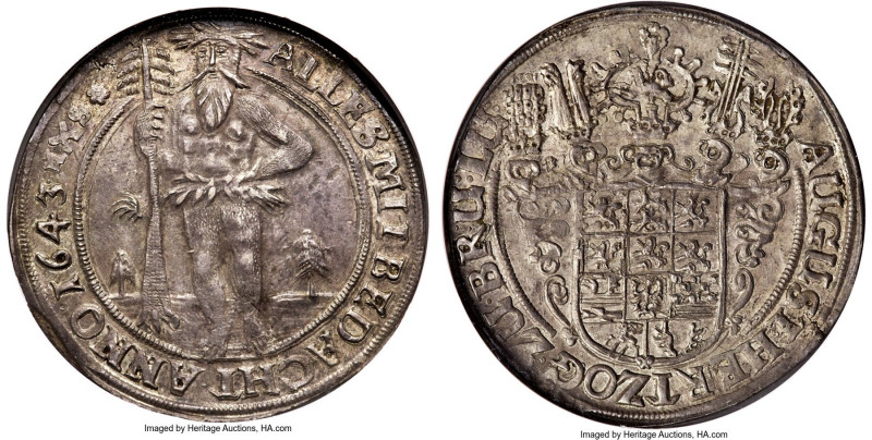 Brunswick-Wolfenbüttel. August II "Wildman" Taler 1643-HS AU55 NGC, Zellerfeld m...