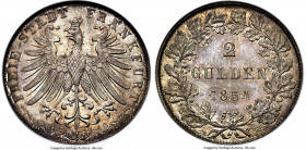 Frankfurt. Free City 2 Gulden 1854 MS66 NGC, Frankfurt am Main mint, KM333, Dav-642, Thun-132. Mintage: 6,028. Far and away the key date for the serie...