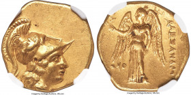 MACEDONIAN KINGDOM. Alexander III the Great (336-323 BC). AV stater (19mm, 8.53 gm, 5h). NGC AU 4/5 - 2/5, marks. Posthumous issue of Tyre, dated Regn...