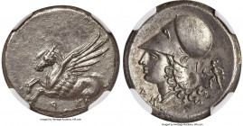 CORINTHIA. Corinth. 4th century BC. AR stater (21mm, 8.22 gm, 8h). NGC Choice AU 4/5 - 3/5, edge chips. Pegasus with pointed wing flying left; Ϙ below...