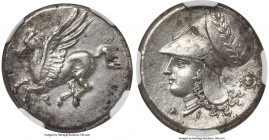 CORINTHIA. Corinth. 4th century BC. AR stater (21mm, 8.56 gm, 2h). NGC AU 5/5 - 3/5. Pegasus flying left, Ϙ below / Head of Athena left wearing beaded...