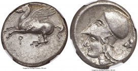 CORINTHIA. Corinth. 4th century BC. AR stater (20mm, 8.52 gm, 11h). NGC Choice XF 4/5 - 3/5, die shift. Pegasus flying left, Ϙ below / Head of Athena ...