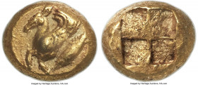 MYSIA. Cyzicus. Ca. 550-450 BC. EL 1/12 stater or hemihecte (8mm, 1.34 gm). NGC Choice XF 5/5 - 4/5. Forepart of winged stag left; tunny fish left bel...