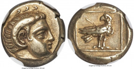 LESBOS. Mytilene. Ca. 377-326 BC. EL sixth-stater or hecte (10mm, 2.52 gm, 8h). NGC Choice XF 5/5 - 4/5. Head of Apollo Carneius right, with horn of A...