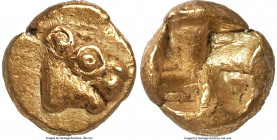 IONIA. Uncertain mint. Ca. 600-550 BC. EL 1/24 stater or myshemihecte (7mm, 0.68 gm). NGC AU 5/5 - 3/5. Head of roaring lion or panther right / Quadri...