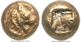 LYDIAN KINGDOM. Alyattes or Walwet (ca. 610-546 BC). EL 1/12 stater or hemihecte (7mm, 1.17 gm). NGC AU 5/5 - 4/5. Sardes mint. Head of roaring lion r...