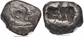 LYDIAN KINGDOM. Croesus (561-546 BC). AR stater or double siglos (18mm, 10.41 gm). NGC AU 5/5 - 2/5. Sardes. Confronted foreparts of lion right and bu...