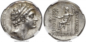 SELEUCID KINGDOM. Antiochus V Eupator (164-162 BC). AR tetradrachm (30mm, 16.78 gm, 11h). NGC Choice XF 5/5 - 4/5. Antioch on the Orontes. Diademed he...