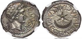 MAURETANIAN KINGDOM. Juba II, with Cleopatra Selene (25 BC-AD 24). AR denarius (17mm, 3.09 gm, 12h). NGC Choice AU S 4/5 - 5/5. Caesarea in Mauretania...