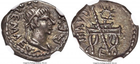 MAURETANIAN KINGDOM. Ptolemy (AD 21-40). AR denarius (15mm, 2.33 gm, 5h). NGC XF 4/5 - 5/5. Caesarea in Mauretania, dated Regnal Year 8 (AD 28). REX P...
