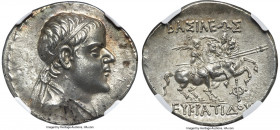 BACTRIAN KINGDOM. Eucratides I the Great (ca. 170-145 BC). AR tetradrachm (31mm, 16.89 gm, 12h). NGC Choice AU 5/5 - 4/5. Attic standard. Baktra. Diad...