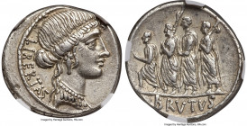 Q. Servilius Caepio (M. Junius) Brutus, as Moneyer (54 BC). AR denarius (19mm, 4.08 gm, 4h). NGC Choice XF 5/5 - 4/5. Rome. LIBERTAS, head of Libertas...