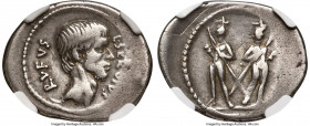 L. Servius Rufus (ca. 43 BC). AR denarius (22mm, 3.76 gm, 6h). NGC VF 4/5 - 3/5, light marks. Rome. L•SERVIVS-RVFVS, bare head of Brutus (?) right / T...