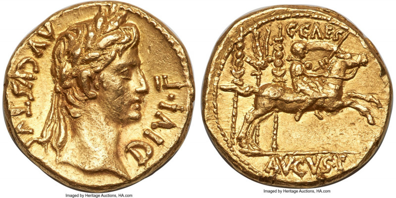 Augustus (27 BC-AD 14). AV aureus (19mm, 7.84 gm, 8h). Choice XF, repaired. Lugd...