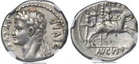 Augustus (27 BC-AD 14). AR denarius (19mm, 3.84 gm, 7h). NGC Choice VF 4/5 - 3/5, scratches. Lugdunum, 8 BC. AVGVSTVS-DIVI•F, laureate head of Augustu...