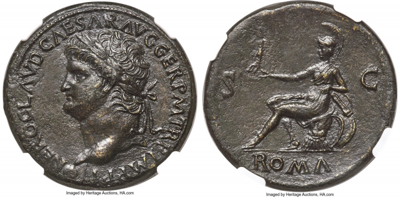 Nero (AD 54-68). AE sestertius (34mm, 24.97 gm, 11h). NGC AU 5/5 - 3/5, Fine Sty...