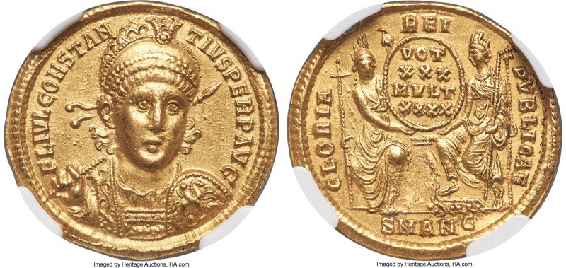 Constantius II, as Augustus (AD 337-361). AV solidus (21mm, 4.43 gm, 5h). NGC AU...