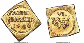Pernambuco. Dutch Colony - Geoctroyeede West-Indische Compagnie (GWC) gold Klippe 6 Guilders (Florins) 1646 UNC Details (Tooled) NGC, KM6.3 (Rare; sam...