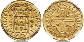 Pedro II gold 4000 Reis 1696-(B) AU Details (Brushed) NGC, Bahia mint, KM89, LMB-24, Guimaraes-1696-1.1. Second type, narrow crown. A chiseled survivo...